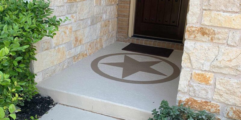 Decorative concrete coatings over the porch surface outside a home in Austin, TX.