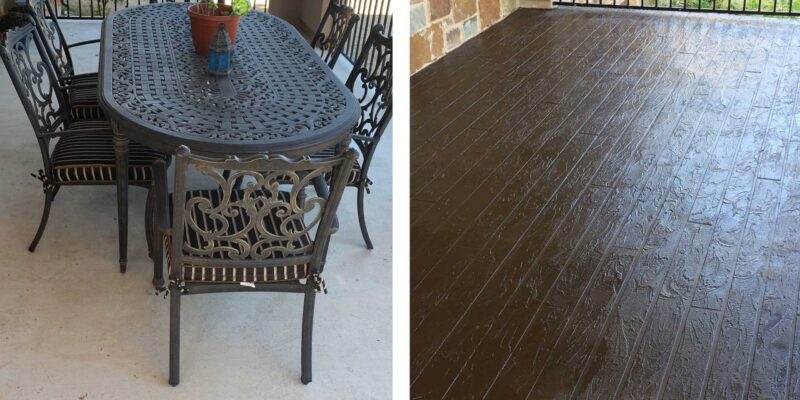 A close-up shot of a wood-stamped concrete floor in a house’s patio in Austin, TX.