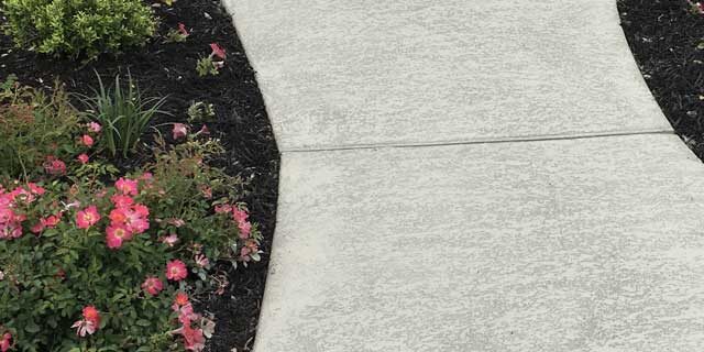 A neat decorative concrete walkway framed by a vibrant display of beautiful blossoms
