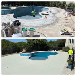 Before and after pictures of a concrete pool deck being resurfaced and repaired.