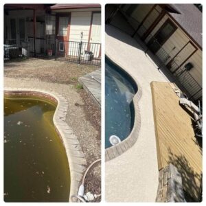 An exceptional comparison between two states of a backyard swimming pool.